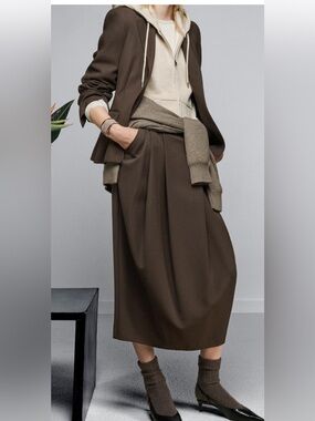 Zara ZW Collection Mid-Waist Midi Pleated Wool Skirt Pleated Skirt Brown Small